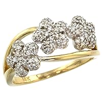 14k Yellow Gold Triple Flower Diamond Ring 0.50 cttw, 3/8 inch wide, size 7