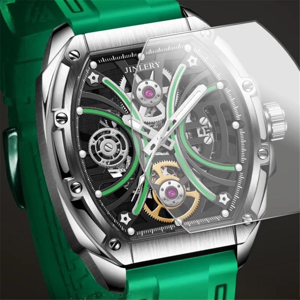 GZFCMY JINLERY Skeleton Automatic Self-Wind Men Tonneau Wrist Watch Stainless Steel Silicone Sapphire Crystal Waterproof Kinetic Energy Reserve Clock Man Hollow Luminous Mechanical Wristwatch