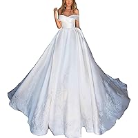 Women's Orgeous Lace Off Shoulder Train Satin Bridal Ball Gowns Wedding Dress for Bride 2022 Plus Size