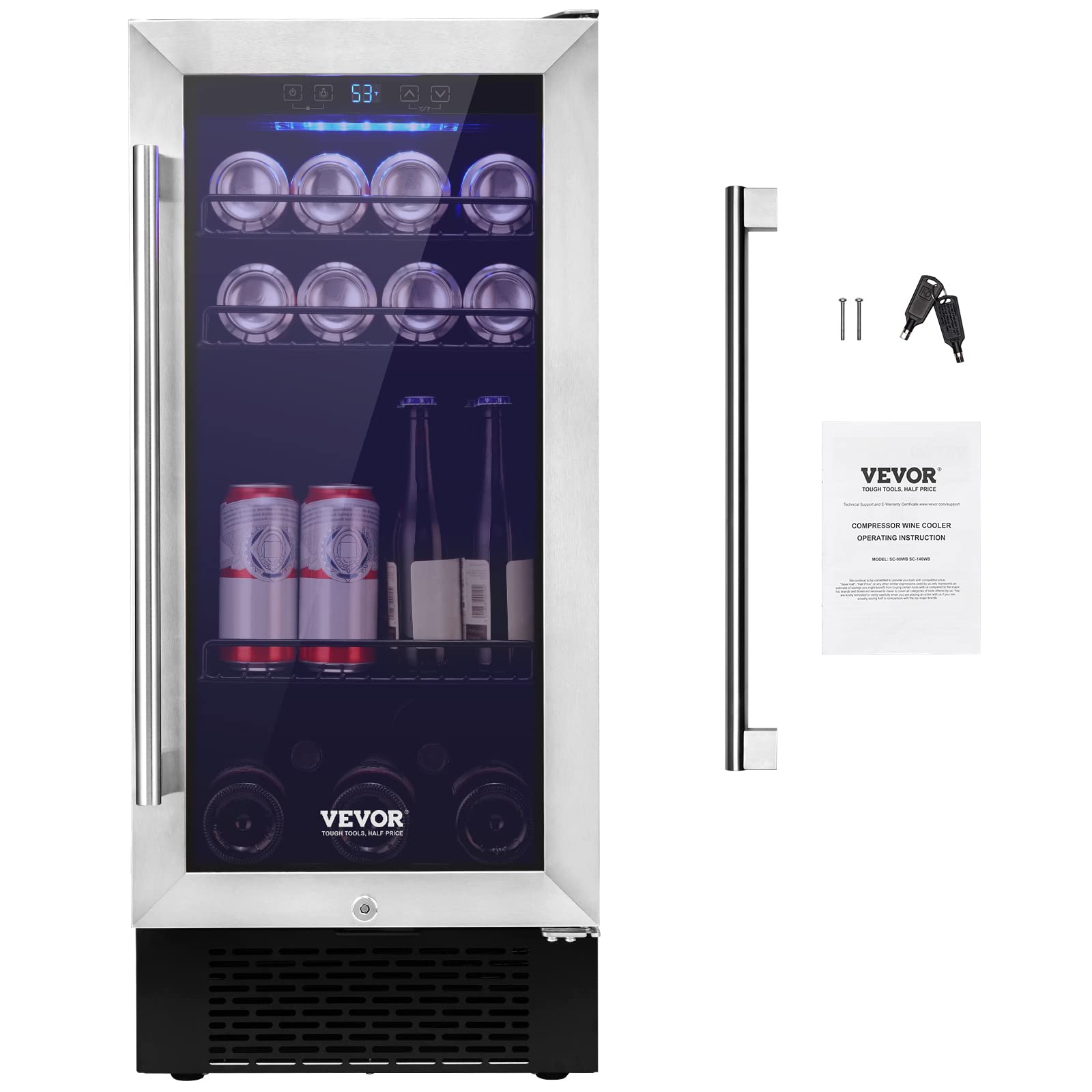 VEVOR 96 Cans Built-in or Freestanding Wine Refrigerator Beverage Cooler with Blue LED Light, Silver