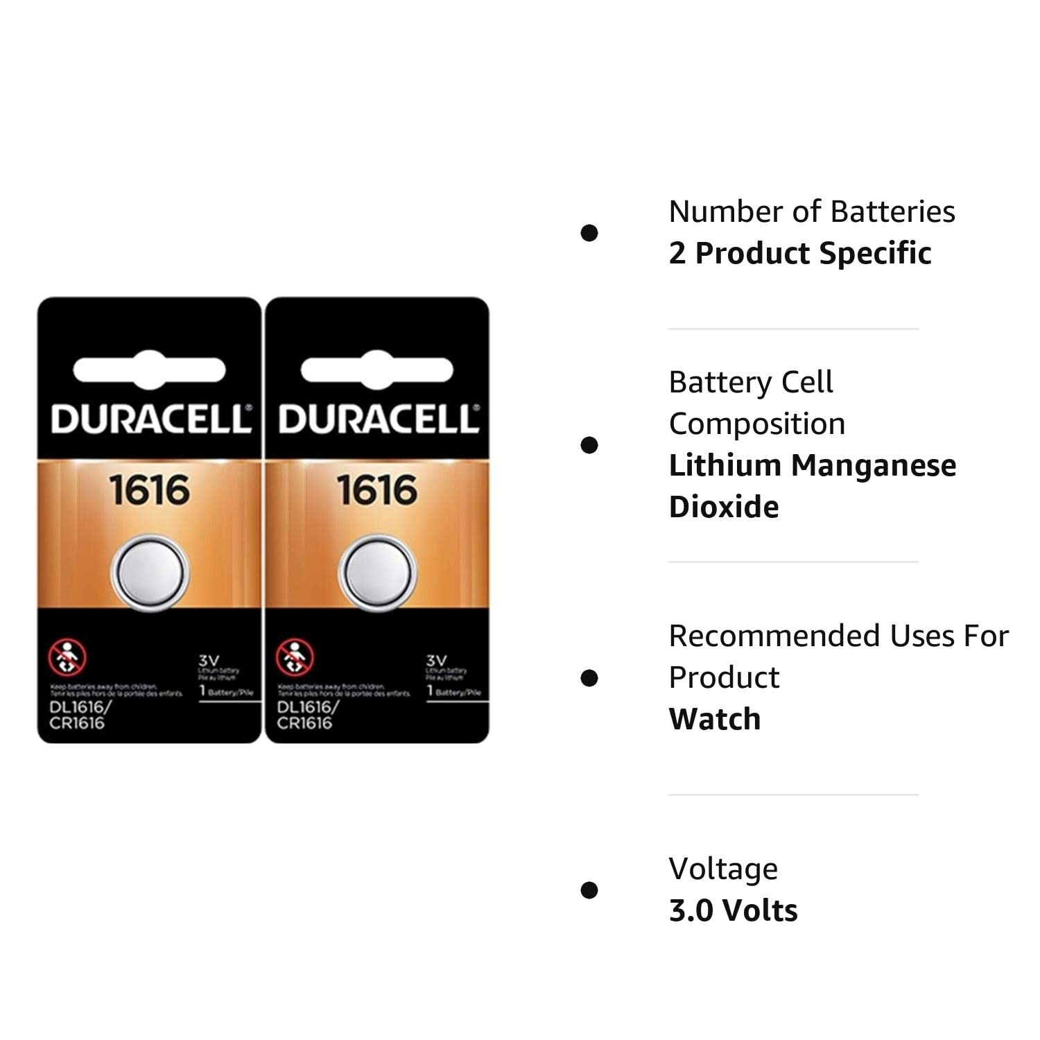 Duracell 1616 DL1616 CR1616 DL1616B2PK Coin Cell Watch Battery 3.0 Volt Lithium, 2 Count (Pack of 1)