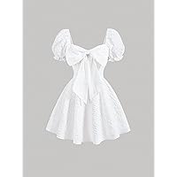Women's Dress Jacquard Puff Sleeve Bow Front Dress Women's dressEVEBABY (Color : White, Size : Small)