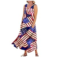 Women's 4th of July Summer Casual Sleeveless Loose Long Sundress with Pockets Maxi Beach Dress Vacation 2024 Trendy