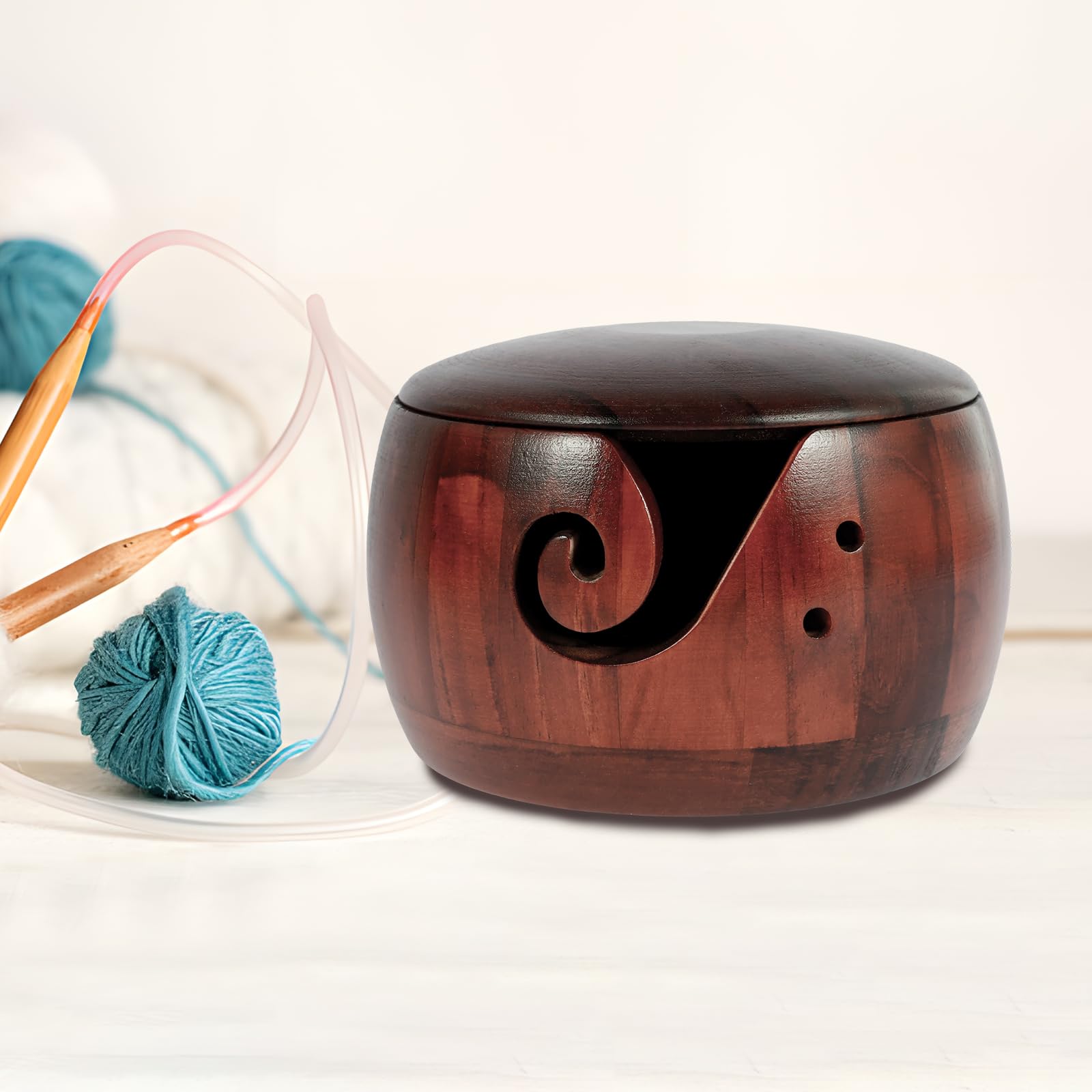 Wooden Yarn Bowl, Knitting Yarn Holder, Pine Crochet Bowl Holder with Lid and Carved Holes, Round Yarn Bowls for Crocheting, Wooden Weaving Thread Bowl, 5.9x5.9x3inch Yarn Storage Bowl for DIY Crafts
