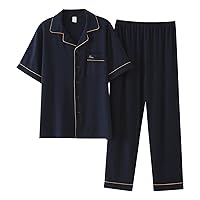 Men's Cotton Pajama Sets Short Sleeve with Long Pants Button-Down Sleepwear Sets Casual Loungewear Mens Sets