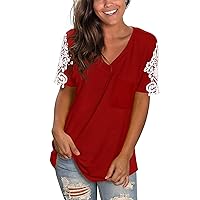 Women's V Neck Tshirt Lace Sleeve Summer Tops Cute Trendy Casual Blouse Relaxed Fit Workout Shirts Ladies T-Shirt