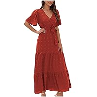 Swiss Dot Maxi Dresses for Women Puff Short Sleeve Wrap V Neck Belted Flowy Tiered Long Dress Casual Summer Vacation Dress