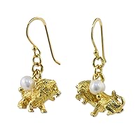 NOVICA Handmade .925 Sterling Silver 18k Gold Plated Cultured Freshwater Pearl Dangle Earrings Leo from Thailand White Animal Themed Zodiac Birthstone Wild Cat [1.3 in L x 0.7 in W] 'Radiant Leo'