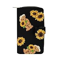 Bear and Sunflower Purse for Women Large Capacity Zip Around Travel Clutch Wallet with Compartment
