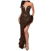 Womens Sexy Sequin Evening Dresses 2024 Sparkly Strapless Hi-Low Wrap Bandeau Dress Trendy Feather Hem Cocktail Dresses
