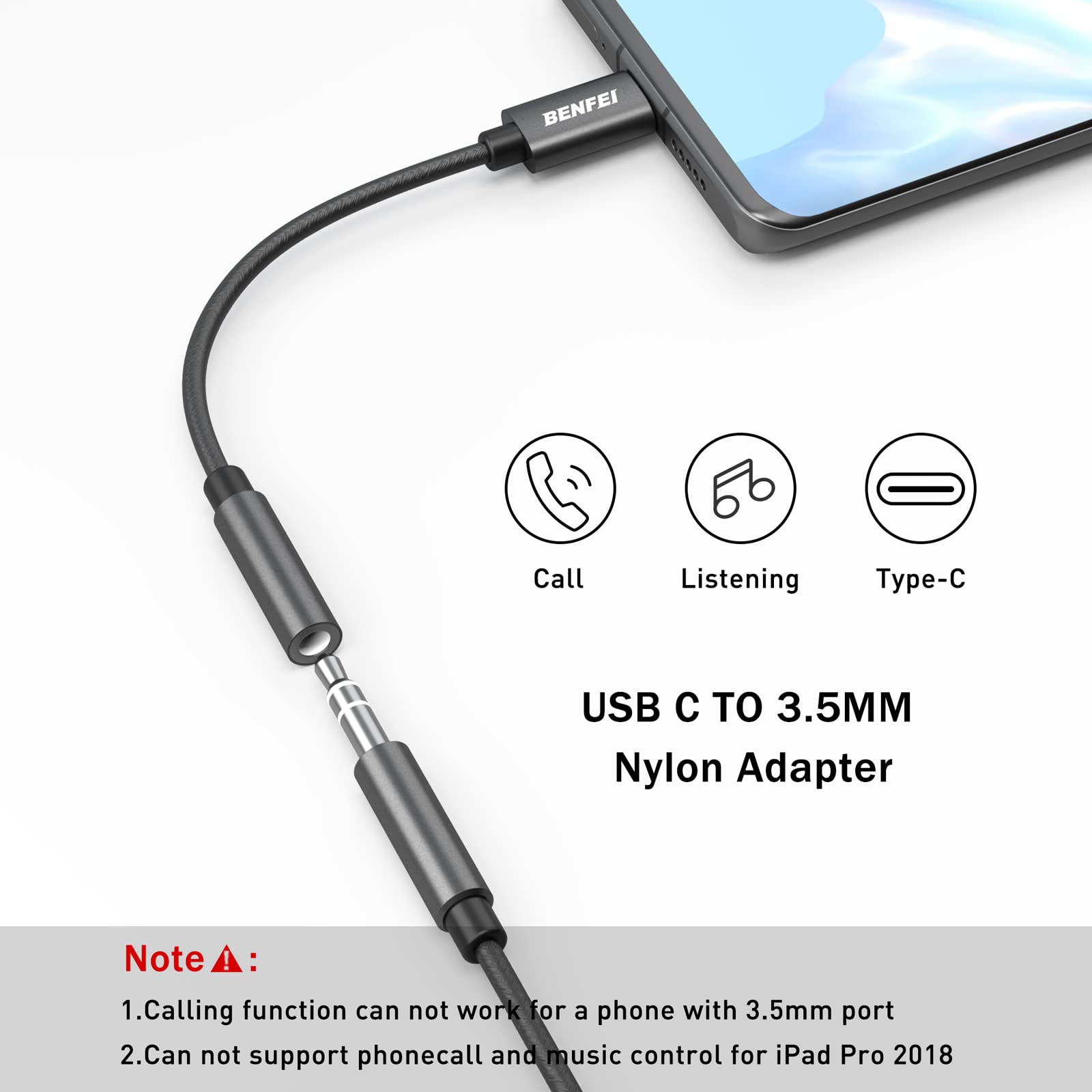 BENFEI USB-C to 3.5mm Headphone Jack Adapter, USB Type-C to 3.5mm Adapter Nylon Cable [DAC Hi-Res] Compatible with iPad Pro New 2018 2019, Pixle 2/XL/3,HTC, Samsung S10/S8/S9/Note 8 - Black