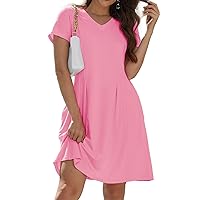 Alaster Queen Womens 2024 Casual Summer Dresses Flowing V Neck Midi Dress Short Sleeve T Shirts for Women with Pocket
