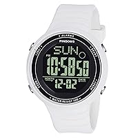 PINDOWS Men's Digital Sports Watch, Silicone Band, Waterproof Large Dial Military Watch, LED Back Light, Stopwatch, Analog Digital Watch, white