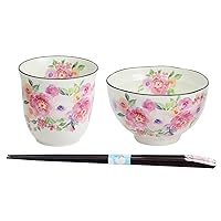 Ceramic Indigo, Flower Tone Rice Bowl Teacup with Tenho Chopsticks, Pink 3939 9.0 x 5.3 x 3.5 inches (22.7 x 13.5 x 8.8 cm)
