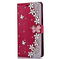 Crystal Wallet Phone Case Compatible with Samsung Galaxy S23 Plus - Flowers - Red - 3D Handmade Sparkly Glitter Bling Leather Cover with Screen Protector & Neck Strip Lanyard