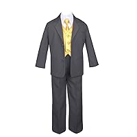 7pc Formal Boy Dark Gray Suit Extra Satin Yellow Vest Necktie Set S-20 (20)