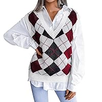 IMEKIS Women Fall Winter V Neck Argyle Plaid Knit Sweater Vest Checked Sleeveless Knit Pullover Crop Tank Top