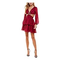 Womens Red Cut Out Rhinestone Lace-up Back Corset Sheer Striped Blouson Sleeve V Neck Mini Party Fit + Flare Dress Juniors 15