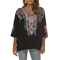Boho Embroidered Tops for Women Mexican Style Peasant 3/4 Sleeve Crew Neck Shirt Tunic Blouses (US, Alpha, 3X-Large, Regular, Regular, 438-bk-)