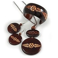Avalaya Long Brown Cord Wooden Pendant with Floral Motif, Drop Earrings and Cuff Bangle Set in Brown - 76cm L/M Size Bangle
