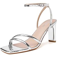 RIBONGZ Womens Strappy Heels Square Open Toe High Heels for Women Ankle Strap Chunky Heeled Sandals Wedding Bridal Shoes Comfort High Heel Sandals Dress Party Shoes