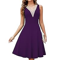 Womens Summer Lace Trim V-Neck Sleeveless Fit and Flare Tank Dresses with Pockets