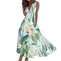 Womens Summer Casual Long Dress Sleeveless V-Neck Waist Retraction Printed Maxi Dress