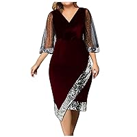 Plus Size Mother of The Bride Dress for Women V-Neck Sequin Sheer Mesh Bodycon Dresses Cocktail Party Dresses