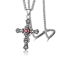 Naivo Gothic Men Medieval Red CZ Stone Cross Pendant Necklace Stainless Steel Womens Chain