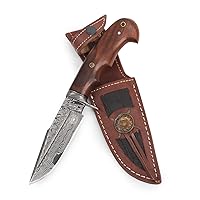 Handmade Damascus Hunting Knife - Bushcraft Fixed Blade Hunting Knife with Sheath and Walnut Wood Handle - 10″ EDC Skinning Knife - Deer Hunter