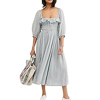 Women's Ruffled Midi Dress Puff Half Sleeve Smocked Bodice Solid Split Flowy Summer Dress