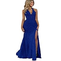 Women's V Neck Long Prom Party Dresses Mermaid 2024 Lace Applique Formal Evening Gown with High Split