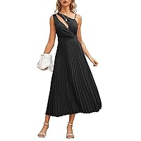 Women's Cutout Dresses Summer Solid Color Sleeveless Wide Shoulder Strap Dresses Casual Waist Collect Pleated Skirts