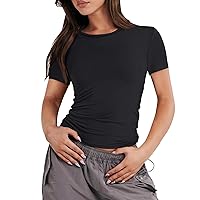 Womens Basic T-Shirts Scoop Neck Short Sleeve Crop Tops Cute Summer Tops Slim Fit Tees Y2k Clothing 2024