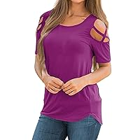 Cold Shoulder Tops for Women Strappy Criss Cross T Shirts Crew Neck Casual Fashion Tee Top Summer Short Sleeve Blouse