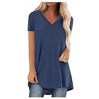 Women Summer Casual Tshirt Top Trendy Loose Fit Solid Long Tunic Tee Sexy Short Sleeve Plus Size V Neck Workout Blouse