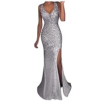 Womens Pink Sequin Evening Dresses Sexy Deep V Neck Bodycon Long Mermaid Dress Formal Wedding Guest Prom Gown with Slit