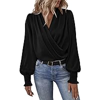 Women Peasant Sleeve Tops Casual Loose Fit V Neck Solid Ruched Blouse 2024 Trendy Dressy Ruffle Balloon Long Sleeve Shirt