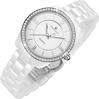 GUANHAO White Ceramic Watches for Women with Diamond Dial, Date Calendar Ladies Fashion Watch Waterproof, Stainless Steel Wristwatch Quartz