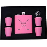 Birdie Juice Flask, Funnel, Shot Glasses, and Gift Box - Golfing Birdie Juice Hip Stainless Steel Metal Matte 6-Ounce Golf Bag Flask (Pink)
