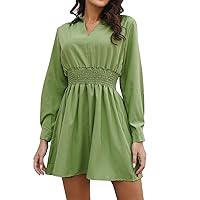 Sage Green Dress for Women Plus Size,Spring and Autumn New Shirt Dress Elastic Waist Long Sleeve Skirt A Line C