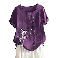 Summer Tops for Women 2024 Trendy Cotton Linen Crew Neck Blouses Casual Dandelion Printed Short Sleeve Tees Button Up Shirts
