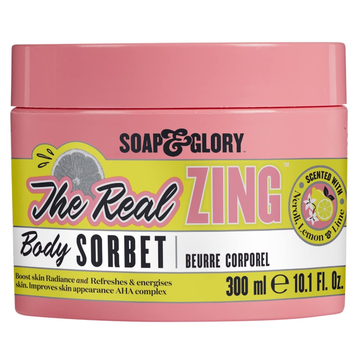 Soap & Glory Real Zing Everything - Radiance Boosting Body Wash (500ml), Body Serum (200ml), Body Scrub (300ml) and Body Sorbet (300ml) - Citrus Body Moisturizer & Hydrating, Sorbet-y Skin Cream