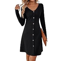 Women's Long Sleeve V Neck Tunic Dress Button Front Knit Sweater Gray Solid Color Slim Fit Mini Fall Dress for Women