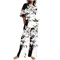 Womens Linen Set Wide Leg Summer Outfits Casual Short Sleeve Tops with Long Pants Plus Size Tracksuit Lounge Sets