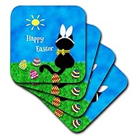 3dRose CST_180667_1 Cute Black Cat Happy Easter Soft Coasters, Set of 4