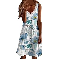 Women's Sexy V Neck Lace Cami Dress Sleeveless Floral Print Casual Swing A-Line Dress Loose Summer Tank Midi Dresses