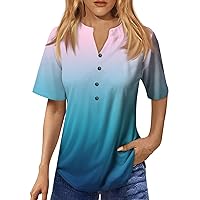 Blue Graphic Tees for Women Casual Blouses Spring Clothing Fitted T Shirt Spring Clothes for Women 2024 Women V-Neck Button-Down Short Sleeve T-Shirt Dressy Tunic Top Pink Medium