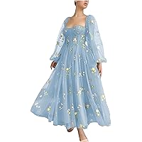 Women's Puffy Prom Dresses Flower Embroidery Tulle Formal Evening Party Gowns Floral Long Sleeve Homecoming Dresses