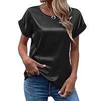Women's Short Sleeve Satin Blouses Casual Loose Crewneck Silk Shirts Roll Up Sleeve Tunic Tops S-XXL